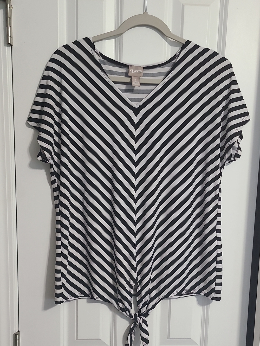 Chico's Black and White Striped V-Neck Tie-Front Top